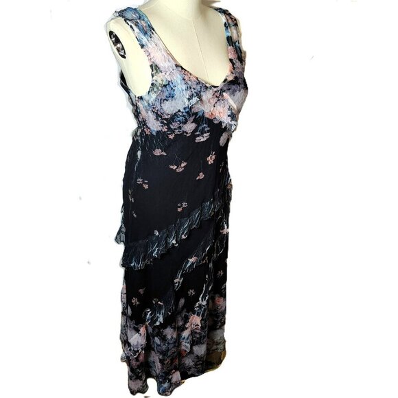 Komarov Floral Ruffle Chiffon Overlay Maxi Dress XL Made in USA VNeck Sleeveless - Picture 1 of 10
